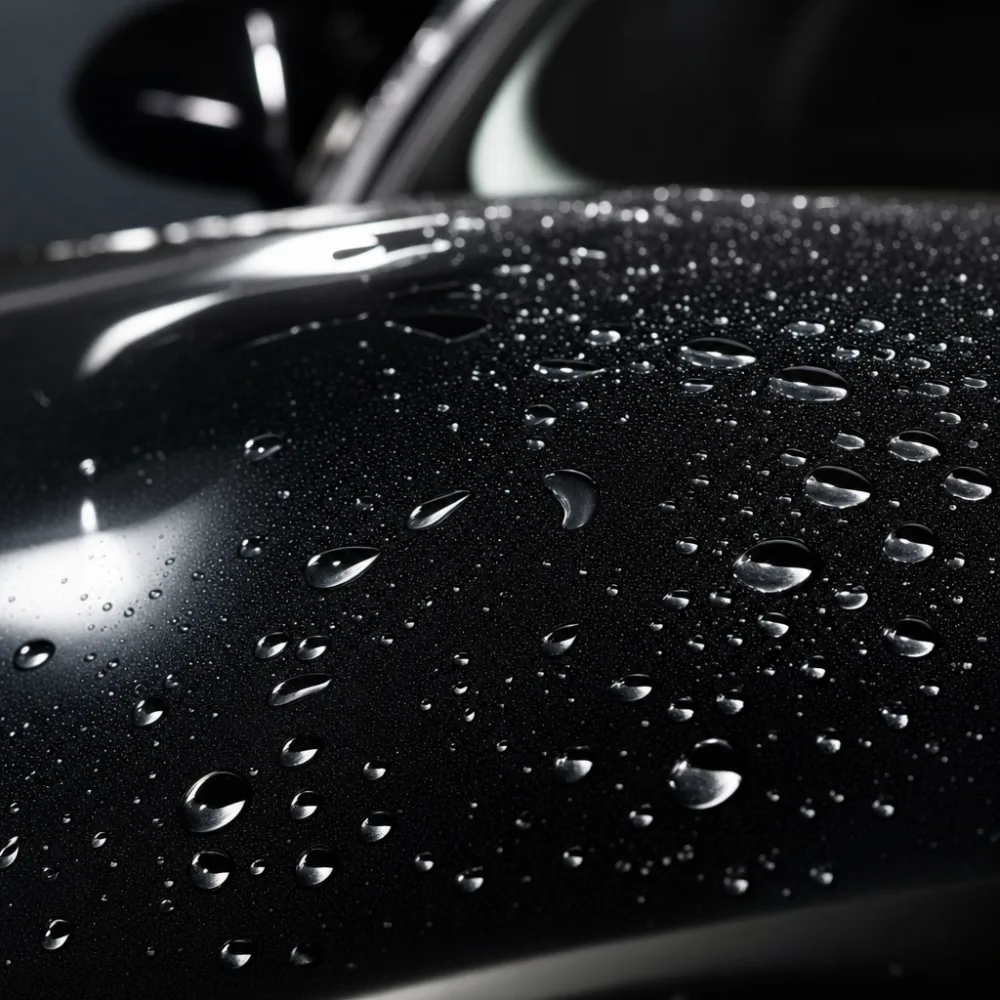 Water beading tightly on a ceramic-coated panel at Mirror Finish Detail Co.