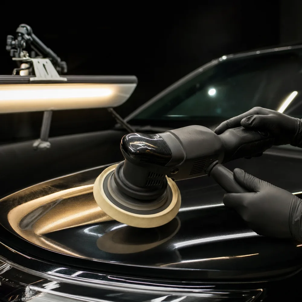A machine polisher working a panel during paint correction at Mirror Finish Detail Co.