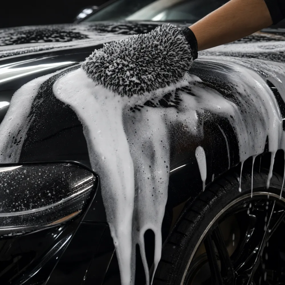 Foam wash and hand finishing during an exterior detail at Mirror Finish Detail Co.
